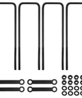 Complete 16 inch square bend U bolts kit in heavy duty steel with 6 inch tie plates, includes 4 U bolts, 4 tie plates, 8 washers and 8 lock nuts