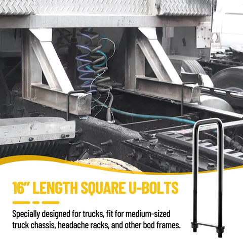 Complete 16 inch square bend U bolts kit in heavy duty steel with 6 inch tie plates, includes 4 U bolts, truck chassis installation