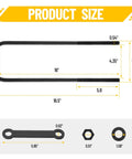 Complete 16 inch square bend U bolts kit in heavy duty steel with 6 inch tie plates, includes 4 U bolts, 4 tie plates, 8 washers and 8 lock nuts for medium truck chassis; secure, reliable mounting, verify frame length. Diagram showing measurements of U-bolt and components.