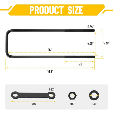 Complete 16 inch square bend U bolts kit in heavy duty steel with 6 inch tie plates, includes 4 U bolts, 4 tie plates, 8 washers and 8 lock nuts for medium truck chassis; secure, reliable mounting, verify frame length. Diagram showing measurements of U-bolt and components.