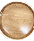 Top view of a 16 Inch Lazy Susan Turntable With Handles Wooden Rotating Tray With Raised Rim, showing wood grain and handles.