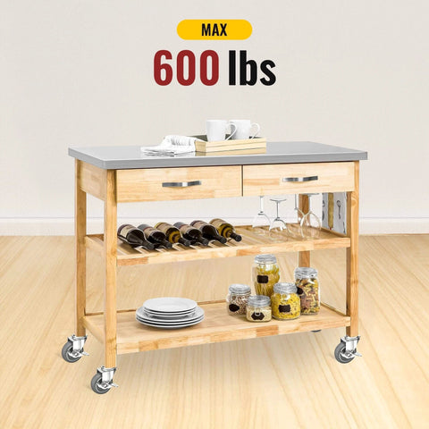 3 Inch Locking Swivel Caster Wheels Set of 16 with Threaded Stem 3/8-16 x 1-1/2 Inch on a kitchen cart with a grey top.