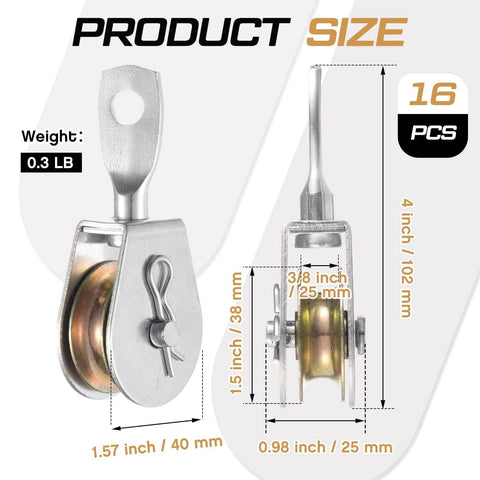 16 Pack Single Pulley Block Wheel 4" Heavy Duty Zinc Plated Iron 360 Degree Swivel Pulley Roller dimensions and size guide
