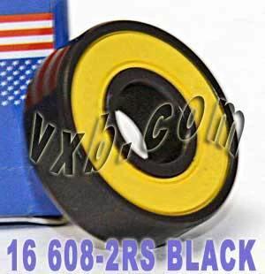 16-Pack inline Skate Bearing - Sealed Ball Bearings showing black bearing with yellow seal, 608-2RS size