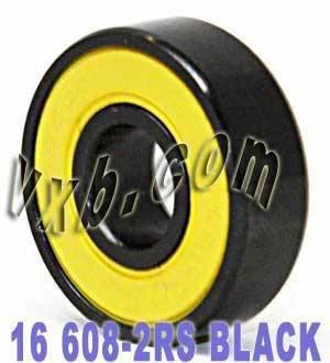 16-Pack inline Skate Bearing - Sealed Ball Bearings with yellow rubber seal and black nylon cage, showing side view.