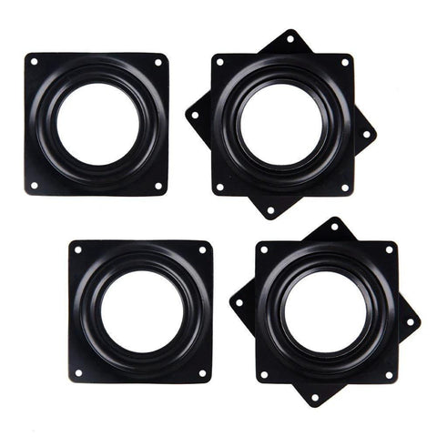 Set of four 4-inch black coated steel lazy Susan turntable bearings on white background, part of 16 Pack 4 Inch Lazy Susan Turntable Bearings 5/16 Inch Thick Swivel Plate For Serving Trays Kitchen Cabinets Craft Projects And Makeup Holders Durable Rust Resistant Steel Black Coated For Smooth 360 Degree Rotation.