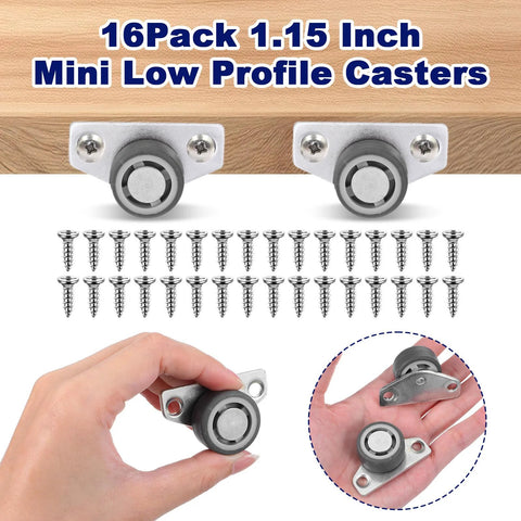 16 Piece Low Profile Side Mount Casters 1.15 Inch Gray Non Swivel Rigid Rubber Wheels 35 Lb Capacity Each With Screws