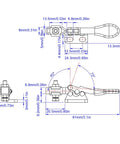 Technical drawing of 16 Pack Toggle Clamps Set For Woodworking And DIY Projects, 60 Lb Holding Capacity, showing dimensions.