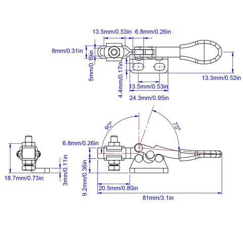 Technical drawing of 16 Pack Toggle Clamps Set For Woodworking And DIY Projects, 60 Lb Holding Capacity, showing dimensions.