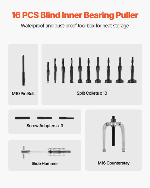 Blind Hole Bearing Puller Set, 16-in-1 Inner Bearing Race and Seal Extractor Kit components displayed, includes split collets and slide hammer.