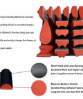 Assorted shapes of 16 Piece Hand Sanding Block Set With Assorted Contoured Shapes And Hook And Loop, red and black foam blocks.
