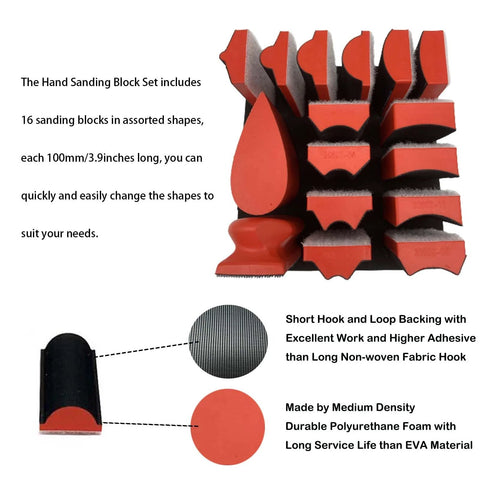 Assorted shapes of 16 Piece Hand Sanding Block Set With Assorted Contoured Shapes And Hook And Loop, red and black foam blocks.
