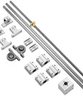 16 Piece 150mm Linear Motion Set with 8mm rods, lead screw, SK8 supports, SCS8UU bearings, KP08 pillow blocks, and flexible couplings