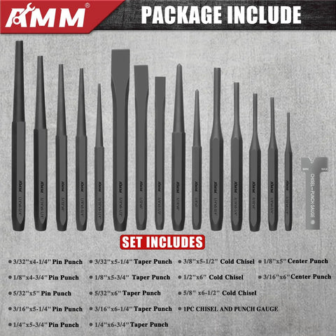 16 Piece Punch And Chisel Set With Taper Punches Cold Chisels Pin Punches And Center Punch In Cr V Steel for workshops and repairs