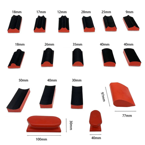 16 Piece Hand Sanding Block Set With Assorted Contoured Shapes And Hook And Loop displayed with size dimensions