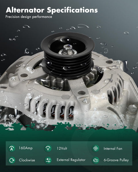 Close-up of Beefed Up 12V 160Amp Alternator Replacement Fits Chrysler 300 5.7L 2011 to 2023 alternate specifications.