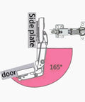Diagram of 2 pcs 165 degree soft close fully covered frameless cabinet hinge for corner cabinets, showing side plate and door angle
