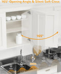 Open kitchen cabinet showing 165° angle with Two Pair 135 Degree and 165 Degree Corner Cabinet Hinges Kit for Pie Corner Cabinets.