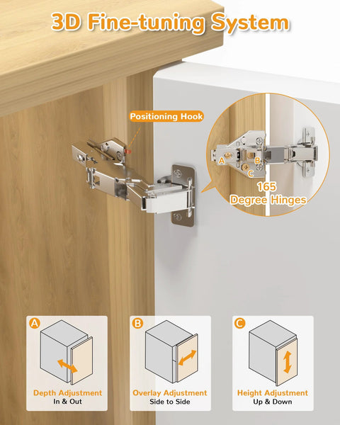 3D adjustment diagram of 2 Pack 165 Degree Soft Close Kitchen Corner Hinges demonstrating overlay, depth, and height adjustments.