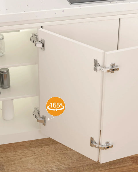 2 Pack 165 Degree Soft Close Kitchen Corner Hinges For Face Frame Cabinets with Clip On Plate, showing full door opening.