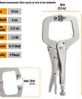 Heavy Duty 6 Inch C Clamp Locking Pliers Set Of 6 With Adjustable Swivel Pads For Woodworking Welding And DIY Projects Built From Heat Treated Alloy Steel For Maximum Toughness And Corrosion Resistance showing dimensions and material