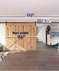 16 FT Heavy Duty Sliding Barn Door Hardware Track Kit with Straight Pulley installed on wooden door in modern living room, showing dimensions.