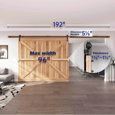 16 FT Heavy Duty Sliding Barn Door Hardware Track Kit with Straight Pulley installed on wooden door in modern living room, showing dimensions.