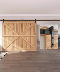16 FT Heavy Duty Sliding Barn Door Hardware Track Kit with Straight Pulley, wood door installed in modern living room