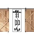 16 FT Double Sliding Barn Door Hardware Kit with track and handles for double 44 to 48 inch wide doors, shown installed on wood doors.