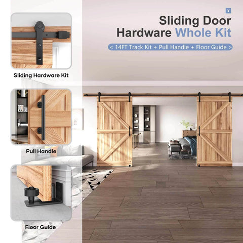 16 FT Double Sliding Barn Door Hardware Kit with track and handles, shown in room setup with wooden doors and sliding mechanism