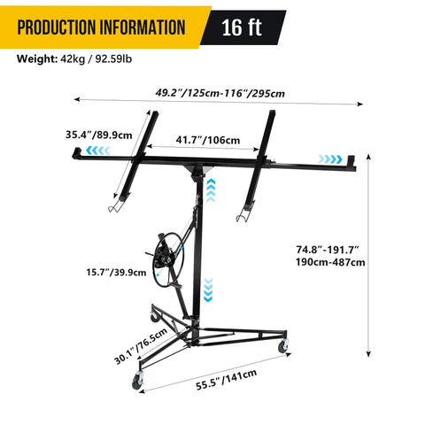 Diagram of ✝️ Drywall Lift 16FT, 150lb Capacity Heavy Duty Sheetrock Hoist w/Telescopic Arm & Locking Wheels, dimensions labeled.