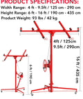 Red 16 ft Drywall Lift with 360° adjustable telescopic arm, 3 lockable wheels, showcasing height and width specifications.