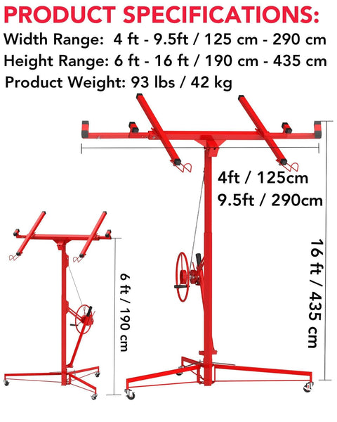 Red 16 ft Drywall Lift with 360° adjustable telescopic arm, 3 lockable wheels, showcasing height and width specifications.