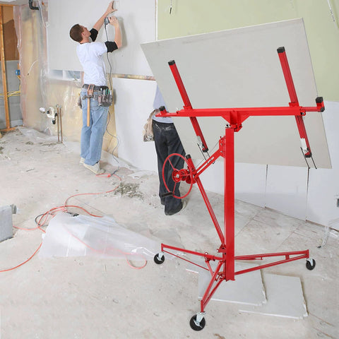 Red 16 FT Drywall Lift Panel Rolling Hoist Jack Lifter Sheetrock in construction setting with workers