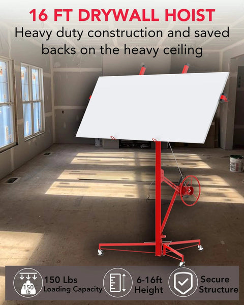 16 ft Drywall Lift, Sheetrock Lift with 150 lbs capacity, red hoist shown in a room with telescopic arm and lockable wheels