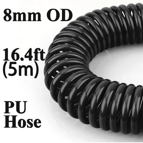 Black 16.4ft PU hose coiled, labeled 8mm OD, part of Heavy Duty Air Blow Gun Kit With Sixteen Foot PU Hose For Air Compressor Quick Connect One Quarter Inch High Volume Pro Grade Duster With One Hundred Twenty Millimeter Steel Nozzle Durable PU Line Great For Fast Debris Blowing In The Workshop.