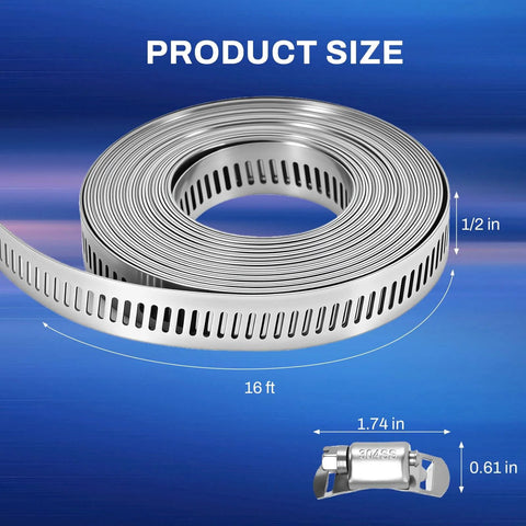 16 Ft DIY Hose Clamps Assortment Kit In 304 Stainless Steel Worm Gear Bands, size details of strap and fastener shown