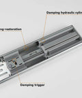 Close-up of 16 Inch Heavy Duty Soft Close Drawer Slides 1 Pair Full Extension Ball Bearing Glides showing damping trigger and spring restoration.