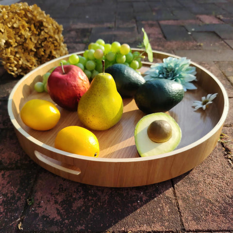 16 Inch Lazy Susan Turntable With Handles Wooden Rotating Tray with fruit, showcasing rustic farmhouse design and raised rim