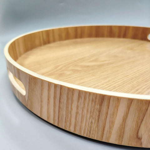 Close-up of a 16 Inch Lazy Susan Turntable With Handles Wooden Rotating Tray With Raised Rim for Rustic Farmhouse Kitchen Island.