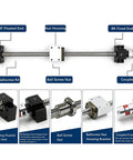 16mm Ball Screw Kit SFU1605 with 1000mm length and 5mm lead, showing nut housing, BK12 BF12 end supports, and flexible coupler.