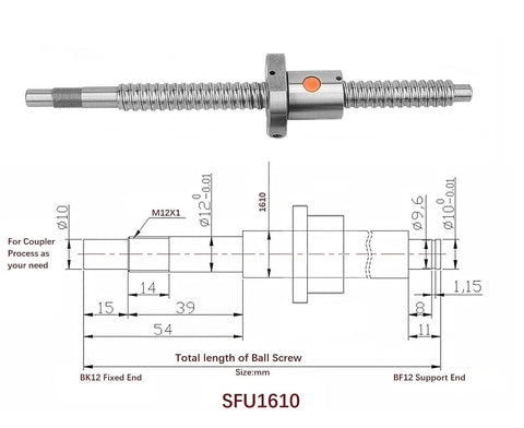 16mm Lead Ball Screw Kit SFU1610 With 350mm Travel diagram and components for CNC Machines