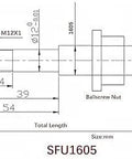 Technical drawing of 16mm Anti Backlash Ball Screw SFU1605 with 5mm lead, showing dimensions and end machining for BK BF12.