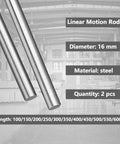 2Pcs 16mm x 500mm Linear Rail Rod Shafts, case hardened chrome plated C45 carbon steel linear motion guides for CNC, 3D printers