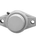 Single narrow set-screw bearing unit 16mm zinc-plated white 2-bolt plastic housing with C.C. and BS, compact flange view.