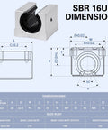 Technical drawing and dimensions of 16mm SBR16UU Linear Bearing Pillow Block Open Box Slider Set for CNC Router Parts