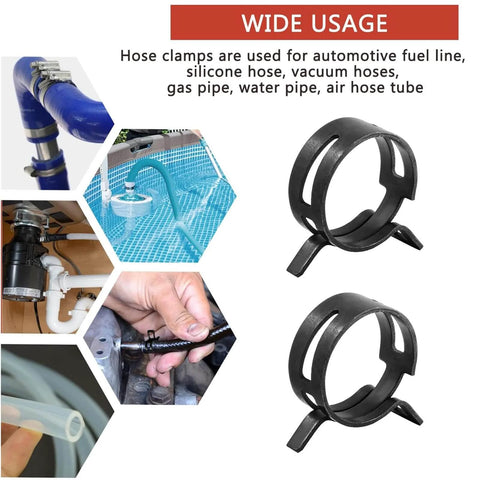 50Pcs 16mm Spring Band Hose Clamps Pack Five Eighth Inch Manganese Steel Hose Clips For Vacuum Water Fuel And Air Lines With Dacromet Coating Beefy Rust Resistant Durable Fit shown in various applications