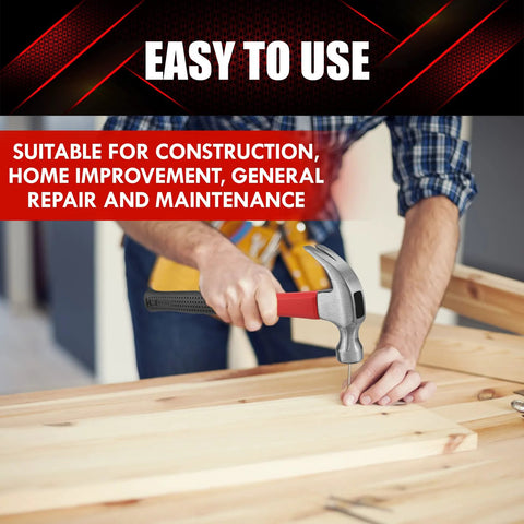 Man using durable 16 oz claw hammer with a fiberglass handle for woodworking on a wooden plank