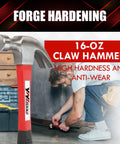 Durable 16 oz claw hammer with fiberglass handle showcased with focus on precise strikes and vibration-damping comfort for carpentry.