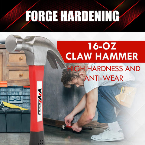 Durable 16 oz claw hammer with fiberglass handle showcased with focus on precise strikes and vibration-damping comfort for carpentry.